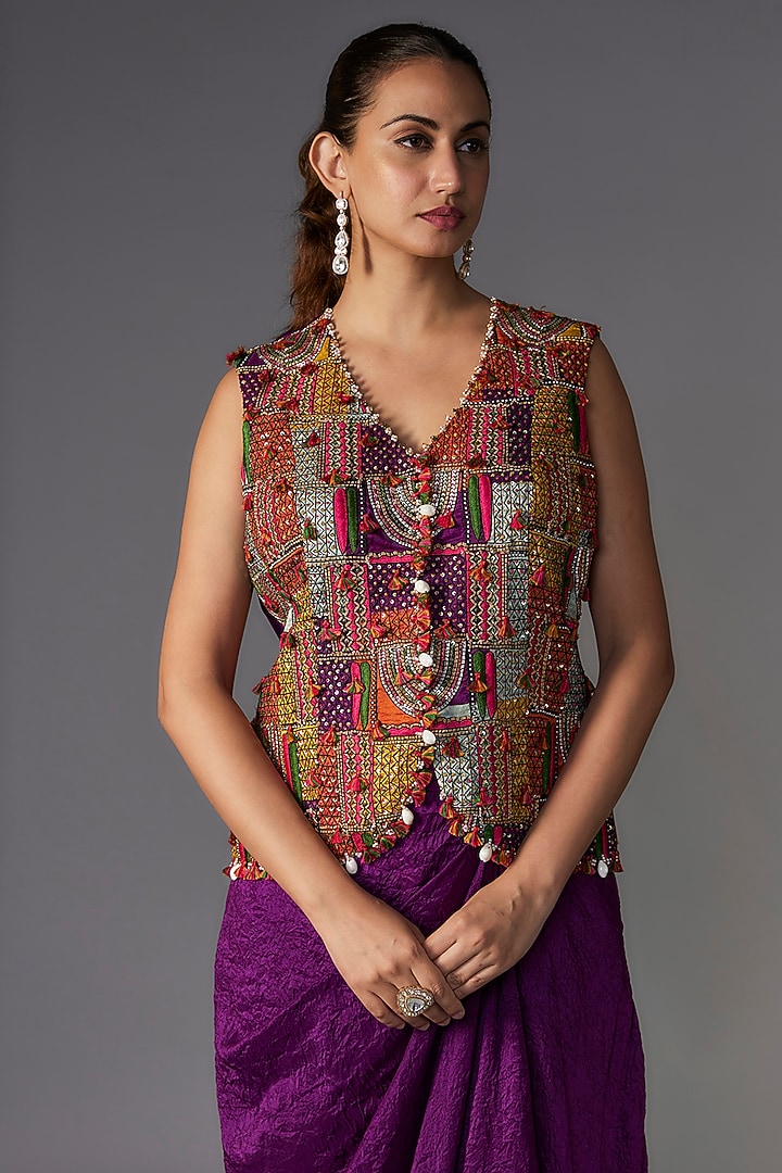 Purple Dupion Thread Embroidered Cape Set by Minaxi Dadoo at Pernia's Pop Up Shop