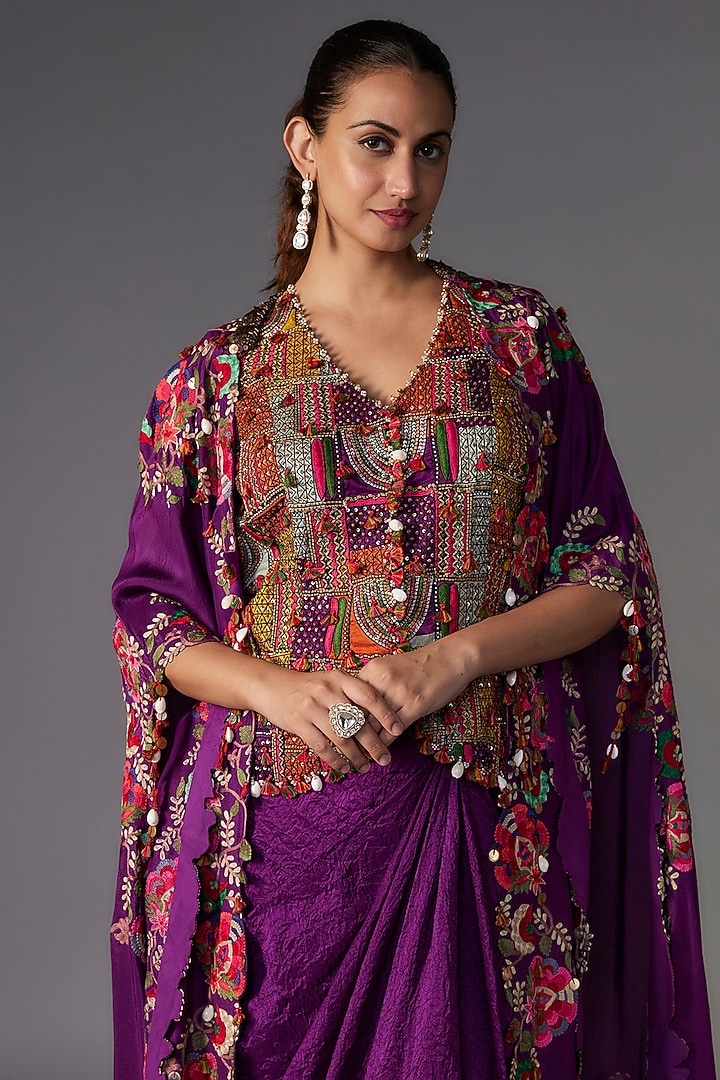 Purple Dupion Thread Embroidered Cape Set by Minaxi Dadoo at Pernia's Pop Up Shop