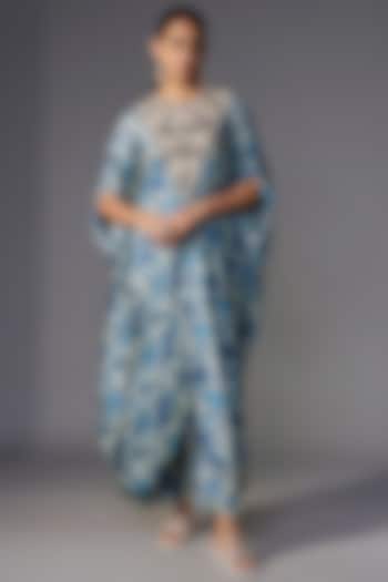 Blue Satin Printed Kaftan Set by Minaxi Dadoo at Pernia's Pop Up Shop