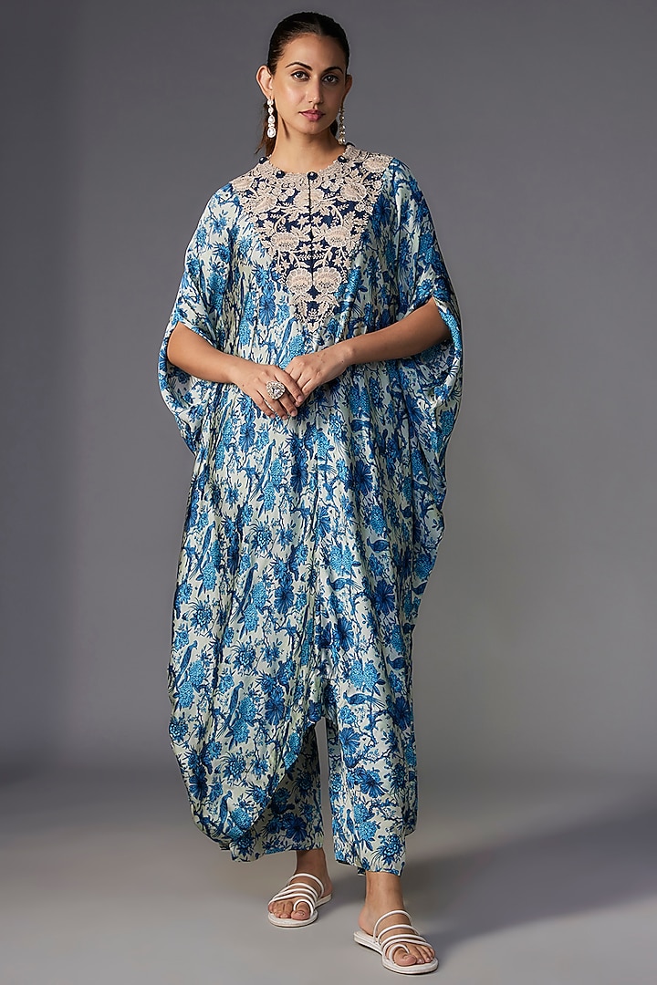 Blue Satin Printed Kaftan Set by Minaxi Dadoo at Pernia's Pop Up Shop