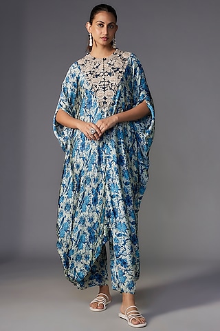 Blue Satin Printed Kaftan Set by Minaxi Dadoo