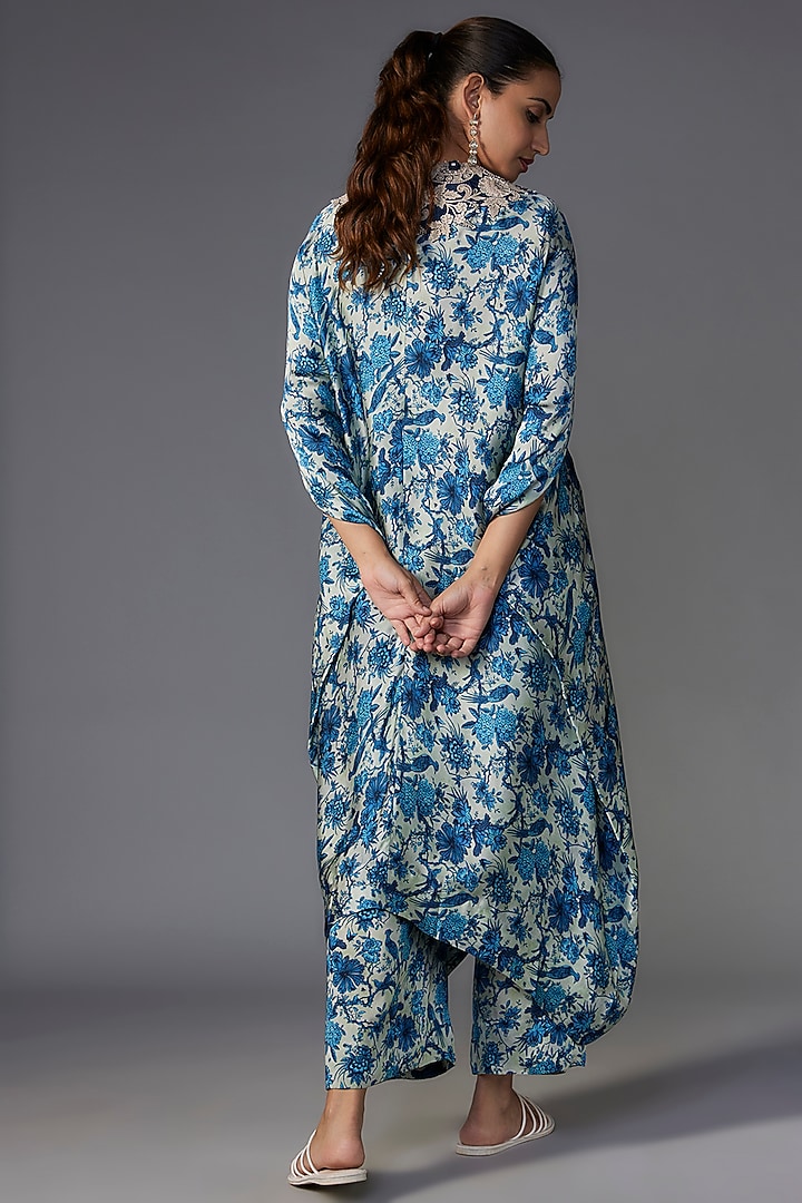 Blue Satin Printed Kaftan Set by Minaxi Dadoo at Pernia's Pop Up Shop