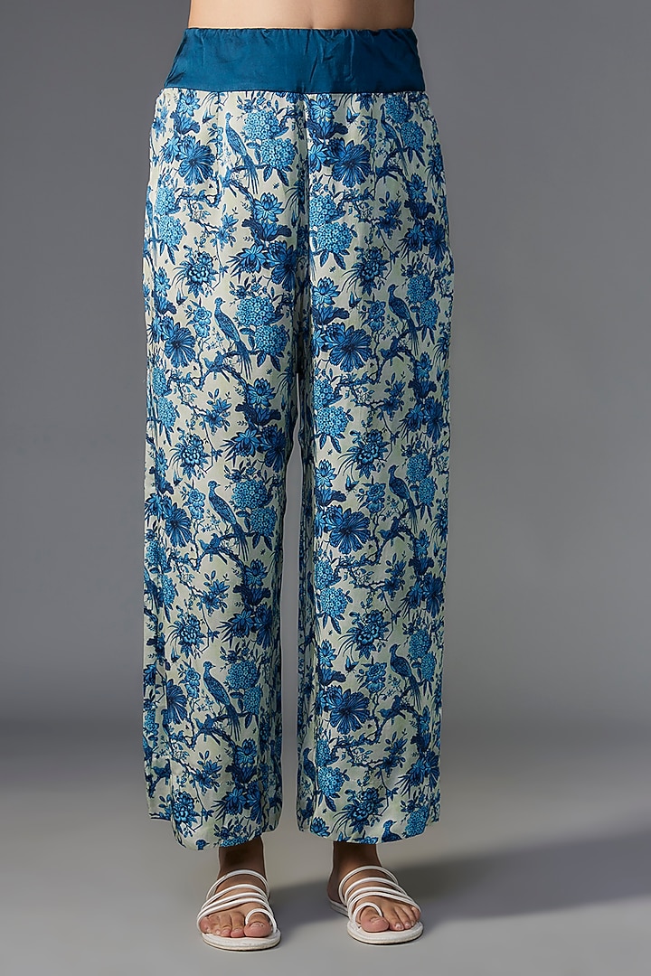 Blue Satin Printed Kaftan Set by Minaxi Dadoo at Pernia's Pop Up Shop