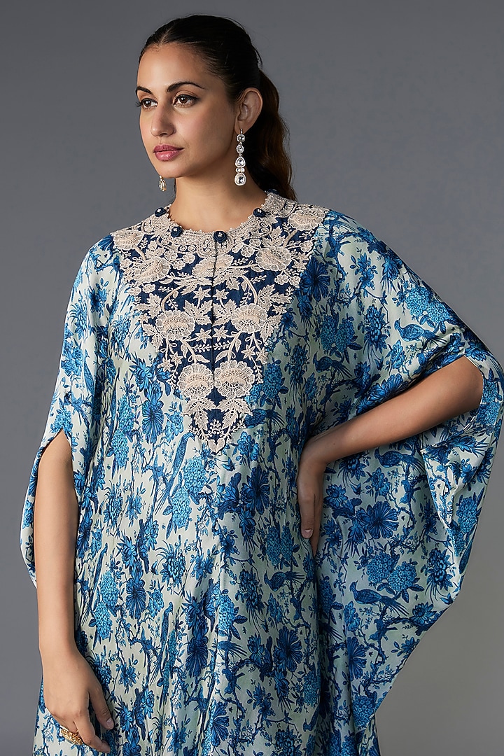 Blue Satin Printed Kaftan Set by Minaxi Dadoo at Pernia's Pop Up Shop