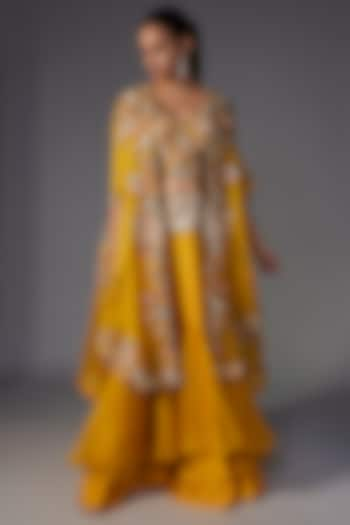 Yellow Organza Sequins & Thread Embroidered Cape Set by Minaxi Dadoo at Pernia's Pop Up Shop