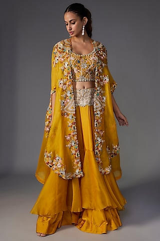 Yellow Organza Sequins & Thread Embroidered Cape Set by Minaxi Dadoo