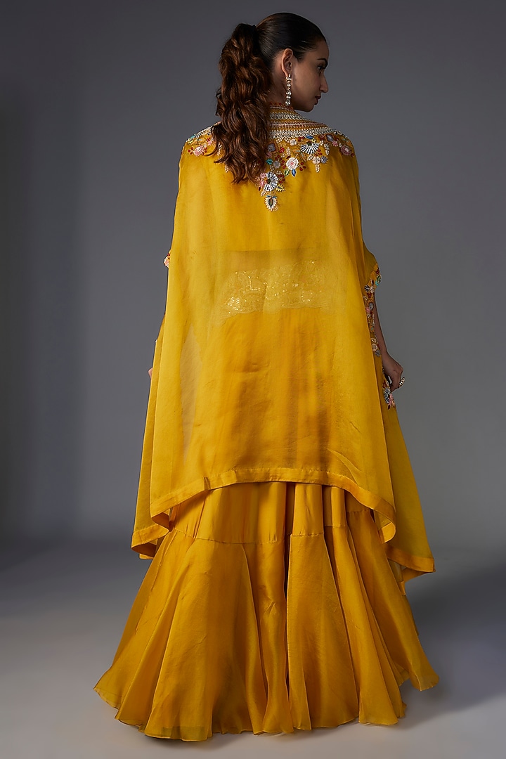 Yellow Organza Sequins & Thread Embroidered Cape Set by Minaxi Dadoo at Pernia's Pop Up Shop