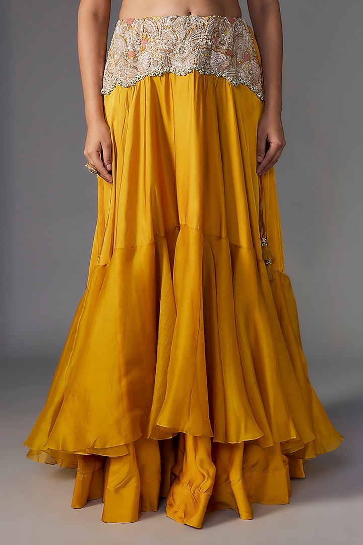 Yellow Organza Sequins & Thread Embroidered Cape Set by Minaxi Dadoo at Pernia's Pop Up Shop