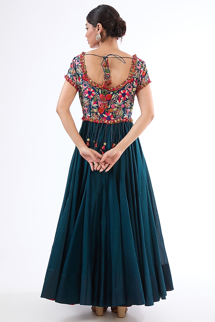 Peacock Blue Chanderi Bridal Anarkali Set by Minaxi Dadoo at Pernia's Pop Up Shop