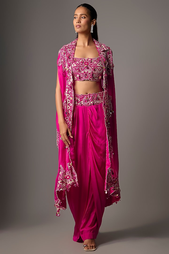 Rani Pink Silk & Organza Mirror Embroidered Cape Set by Minaxi Dadoo at Pernia's Pop Up Shop