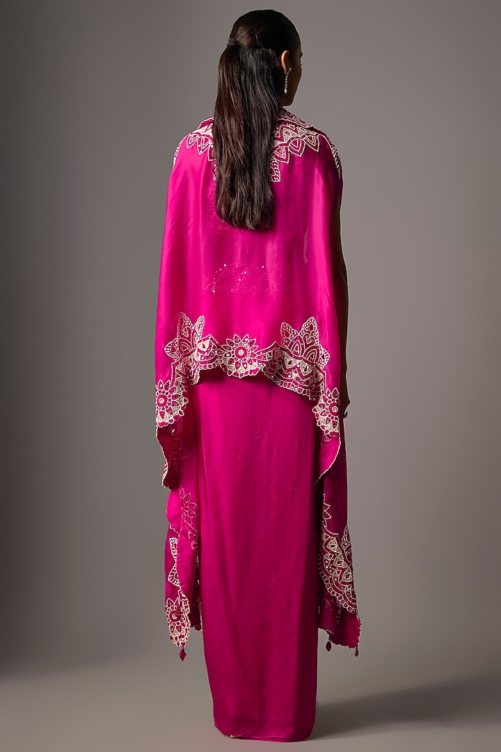 Rani Pink Silk & Organza Mirror Embroidered Cape Set by Minaxi Dadoo at Pernia's Pop Up Shop