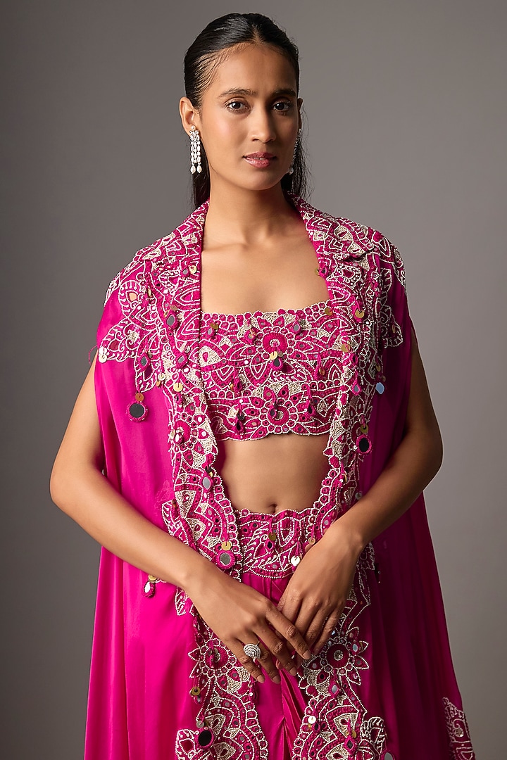 Rani Pink Silk & Organza Mirror Embroidered Cape Set by Minaxi Dadoo at Pernia's Pop Up Shop