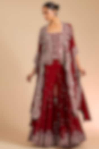 Red Silk & Organza Mirror Embroidered Cape Set by Minaxi Dadoo at Pernia's Pop Up Shop