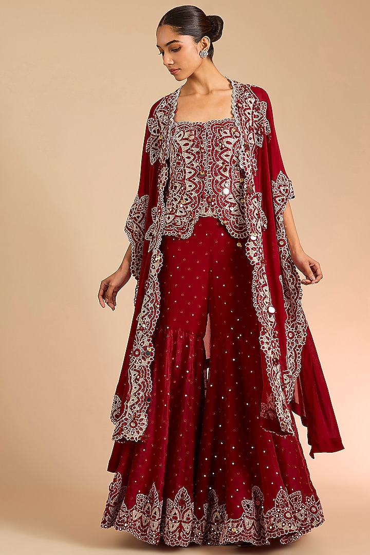 Red Silk & Organza Mirror Embroidered Cape Set by Minaxi Dadoo at Pernia's Pop Up Shop