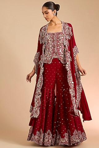 Red Silk & Organza Mirror Embroidered Cape Set by Minaxi Dadoo