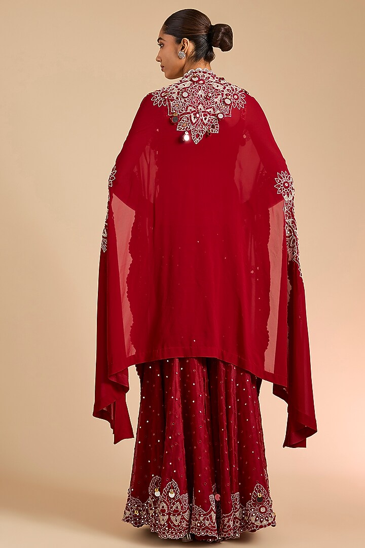 Red Silk & Organza Mirror Embroidered Cape Set by Minaxi Dadoo at Pernia's Pop Up Shop