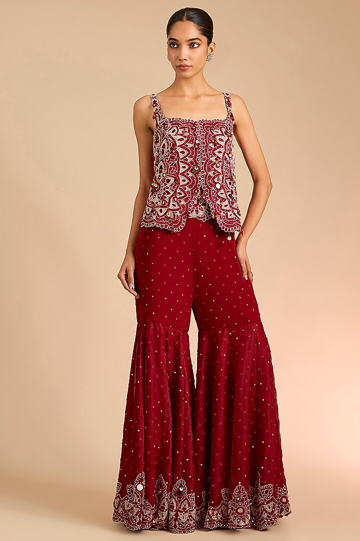 Red Silk & Organza Mirror Embroidered Cape Set by Minaxi Dadoo at Pernia's Pop Up Shop