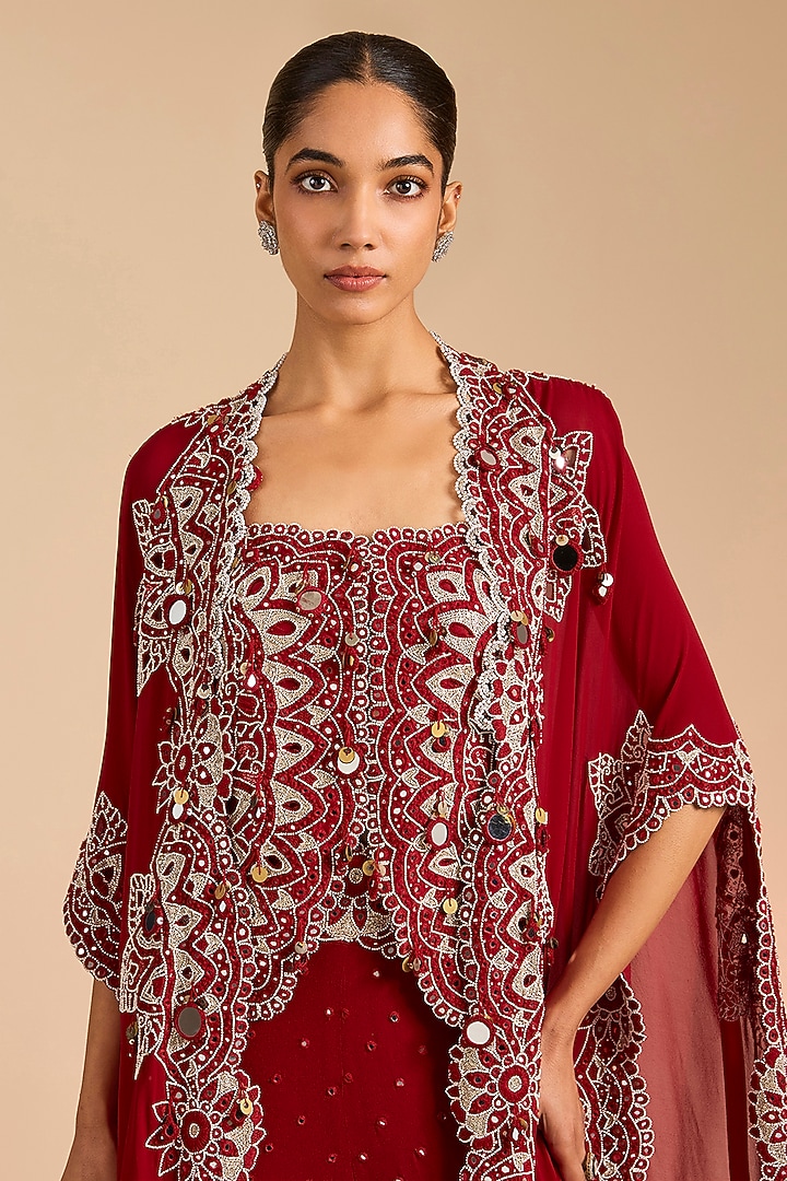 Red Silk & Organza Mirror Embroidered Cape Set by Minaxi Dadoo at Pernia's Pop Up Shop