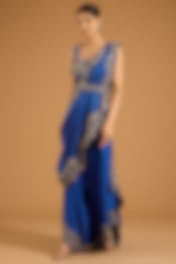 Violet Silk Embroidered Draped Pant Bridal Saree Set by Minaxi Dadoo at Pernia's Pop Up Shop