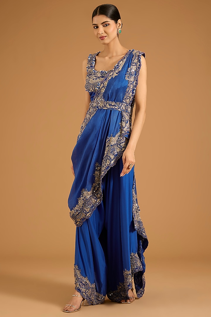 Violet Silk Embroidered Draped Pant Bridal Saree Set by Minaxi Dadoo at Pernia's Pop Up Shop