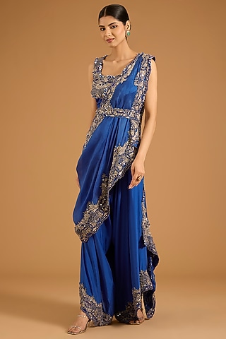 Violet Silk Embroidered Draped Pant Saree Set by Minaxi Dadoo