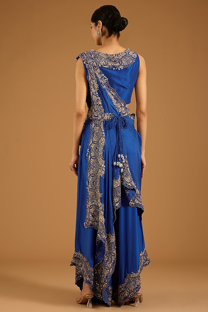 Violet Silk Embroidered Draped Pant Bridal Saree Set by Minaxi Dadoo at Pernia's Pop Up Shop