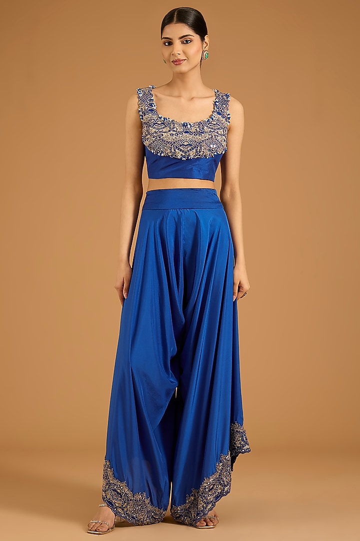 Violet Silk Embroidered Draped Pant Bridal Saree Set by Minaxi Dadoo at Pernia's Pop Up Shop