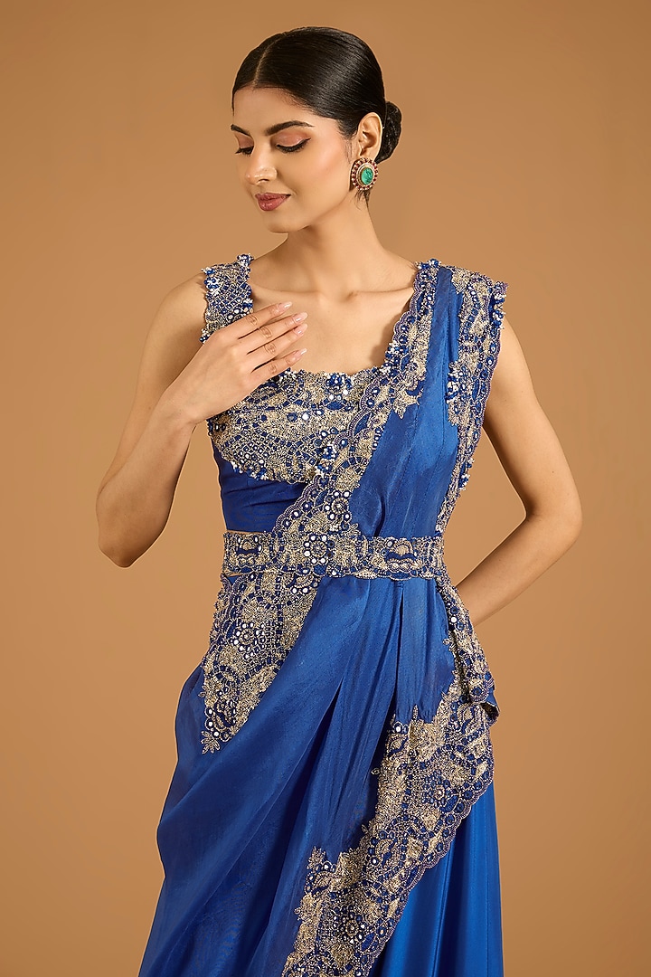 Violet Silk Embroidered Draped Pant Bridal Saree Set by Minaxi Dadoo at Pernia's Pop Up Shop
