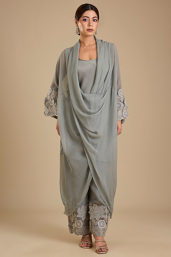 Steel Grey Silk Tunic Set by Minaxi Dadoo at Pernia's Pop Up Shop