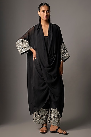 Black Chiffon & Silk Draped Kurta Set by Minaxi Dadoo