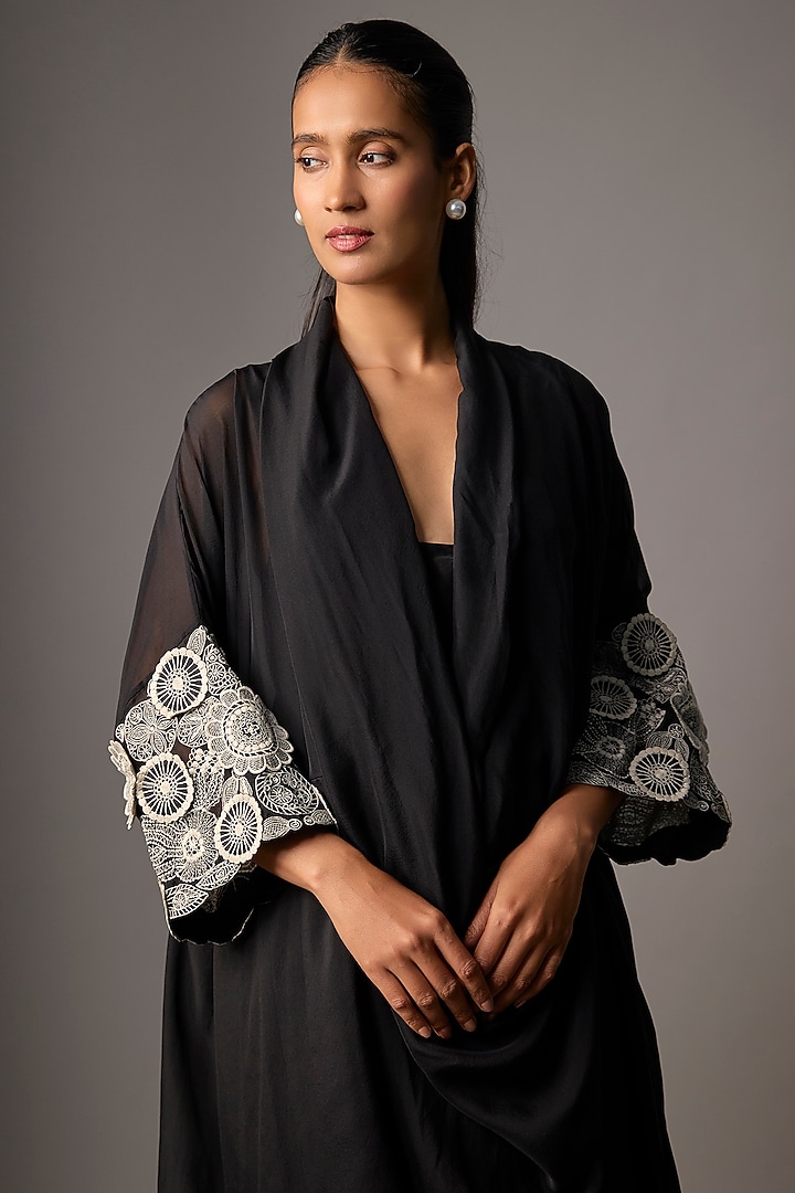 Black Chiffon & Silk Draped Kurta Set by Minaxi Dadoo at Pernia's Pop Up Shop