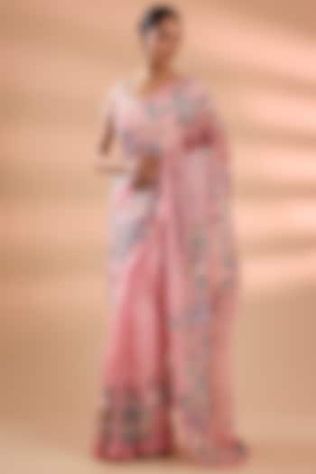 Pink Organza Floral Jaal Work Reception Saree Set by Minaxi Dadoo at Pernia's Pop Up Shop