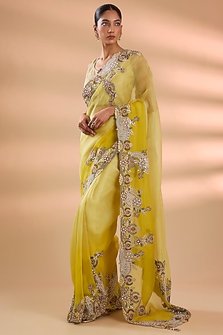 Yellow Organza Mirror Work Saree Set by Minaxi Dadoo