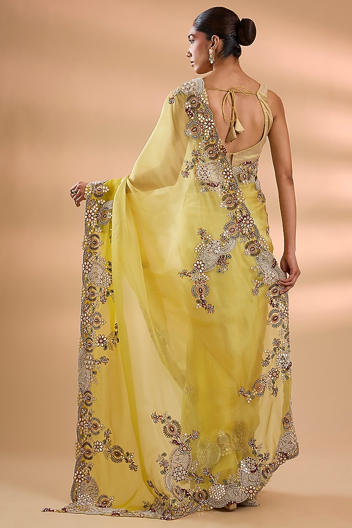 Yellow Organza Mirror Work Bridal Saree Set by Minaxi Dadoo at Pernia's Pop Up Shop