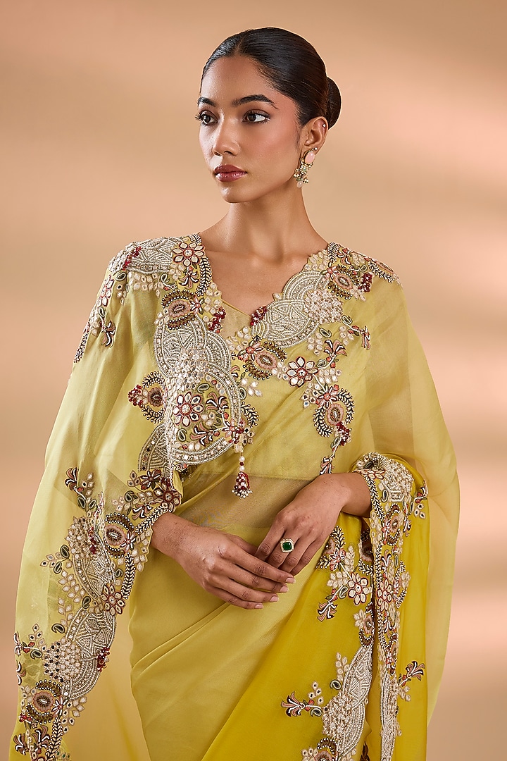 Yellow Organza Mirror Work Bridal Saree Set by Minaxi Dadoo at Pernia's Pop Up Shop