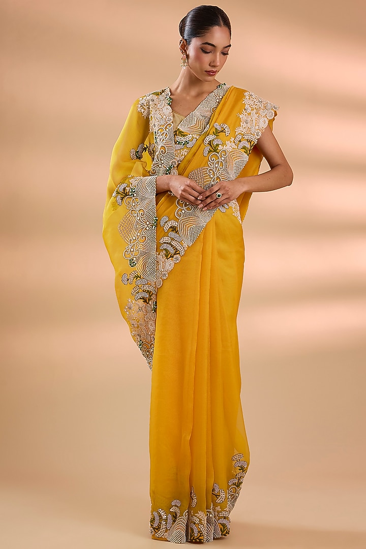 Mango Yellow Organza Thread Work Bridal Saree Set by Minaxi Dadoo at Pernia's Pop Up Shop