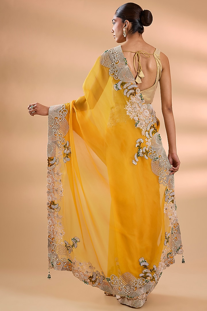 Mango Yellow Organza Thread Work Bridal Saree Set by Minaxi Dadoo at Pernia's Pop Up Shop