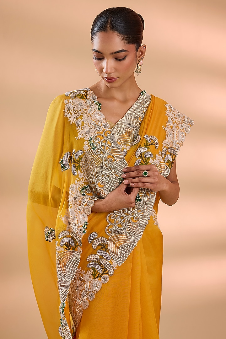 Mango Yellow Organza Thread Work Bridal Saree Set by Minaxi Dadoo at Pernia's Pop Up Shop