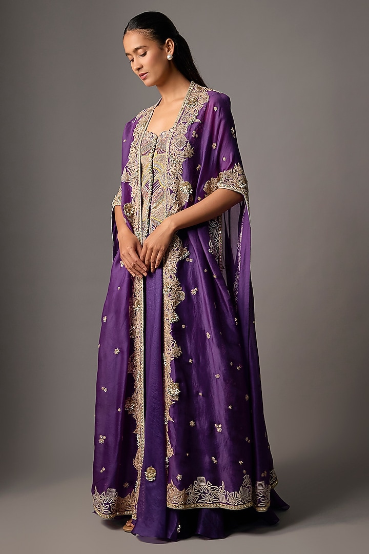 Purple Organza Thread Embroidered Cape Set by Minaxi Dadoo at Pernia's Pop Up Shop