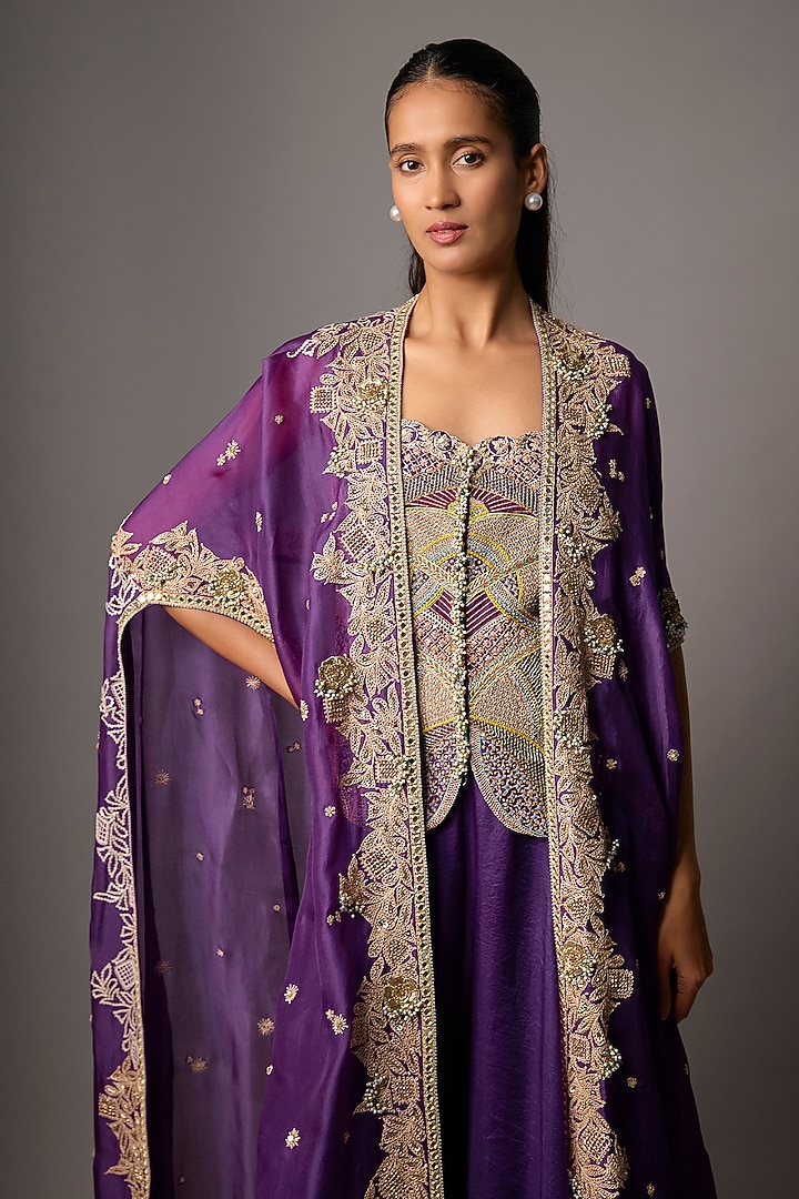 Purple Silk & Organza Thread Embroidered Cape Set by Minaxi Dadoo at Pernia's Pop Up Shop