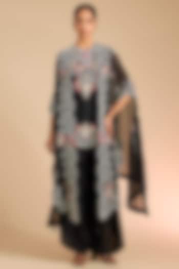 Black Silk & Organza Thread Embroidered Cape Set by Minaxi Dadoo at Pernia's Pop Up Shop