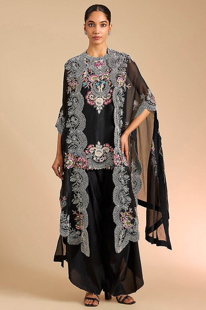 Black Silk & Organza Thread Embroidered Cape Set by Minaxi Dadoo at Pernia's Pop Up Shop