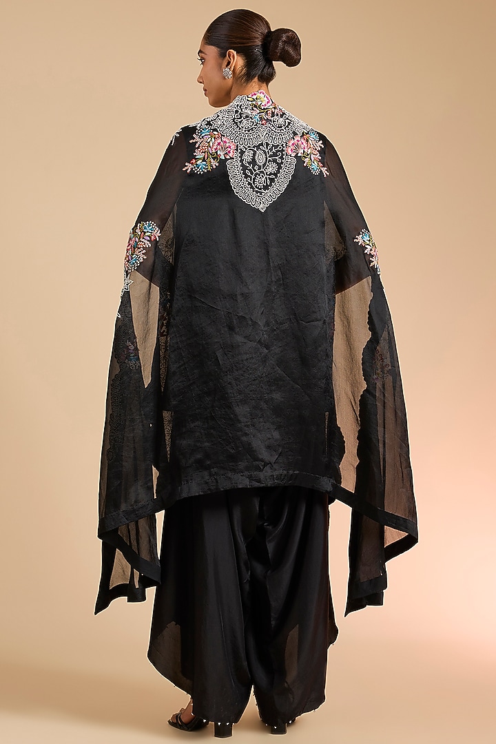 Black Silk & Organza Thread Embroidered Cape Set by Minaxi Dadoo at Pernia's Pop Up Shop