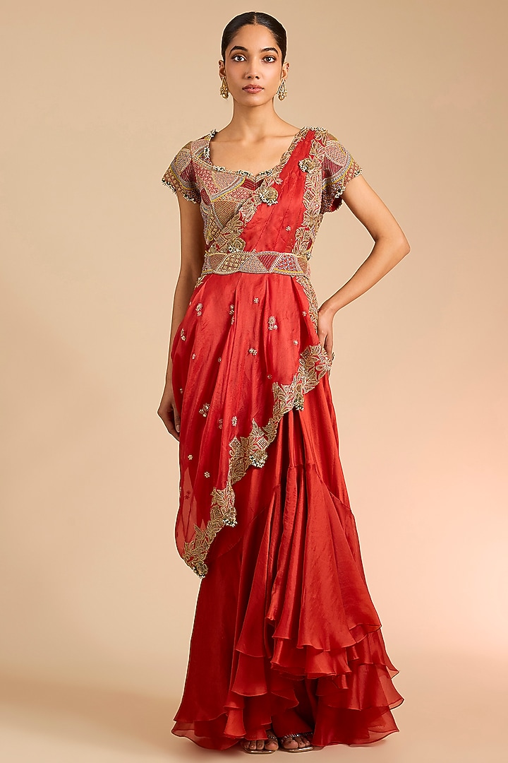 Rust Orange Silk & Organza Skirt Bridal Saree Set by Minaxi Dadoo at Pernia's Pop Up Shop
