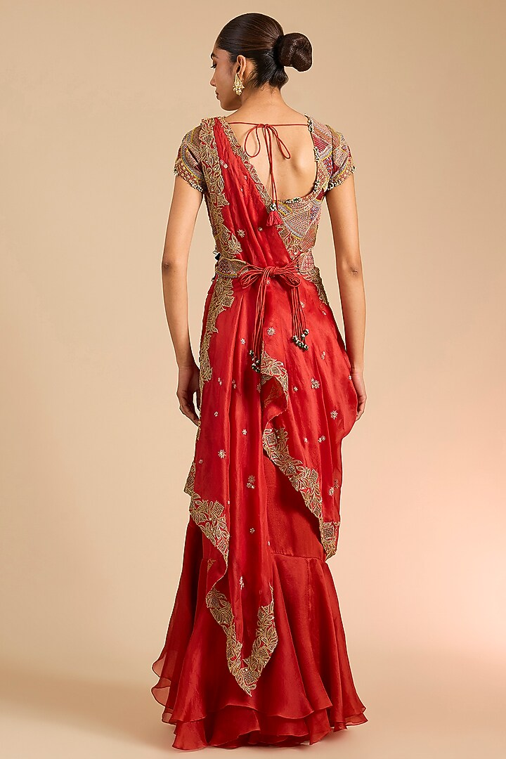 Rust Orange Silk & Organza Skirt Bridal Saree Set by Minaxi Dadoo at Pernia's Pop Up Shop