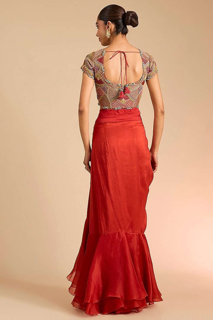 Rust Orange Silk & Organza Skirt Bridal Saree Set by Minaxi Dadoo at Pernia's Pop Up Shop
