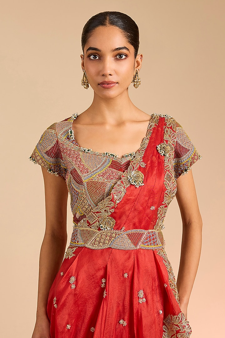 Rust Orange Silk & Organza Skirt Bridal Saree Set by Minaxi Dadoo at Pernia's Pop Up Shop