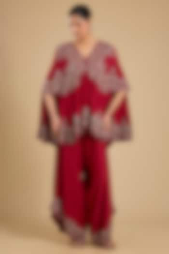 Red Dupion Silk Mirror Work Cape Set by Minaxi Dadoo at Pernia's Pop Up Shop