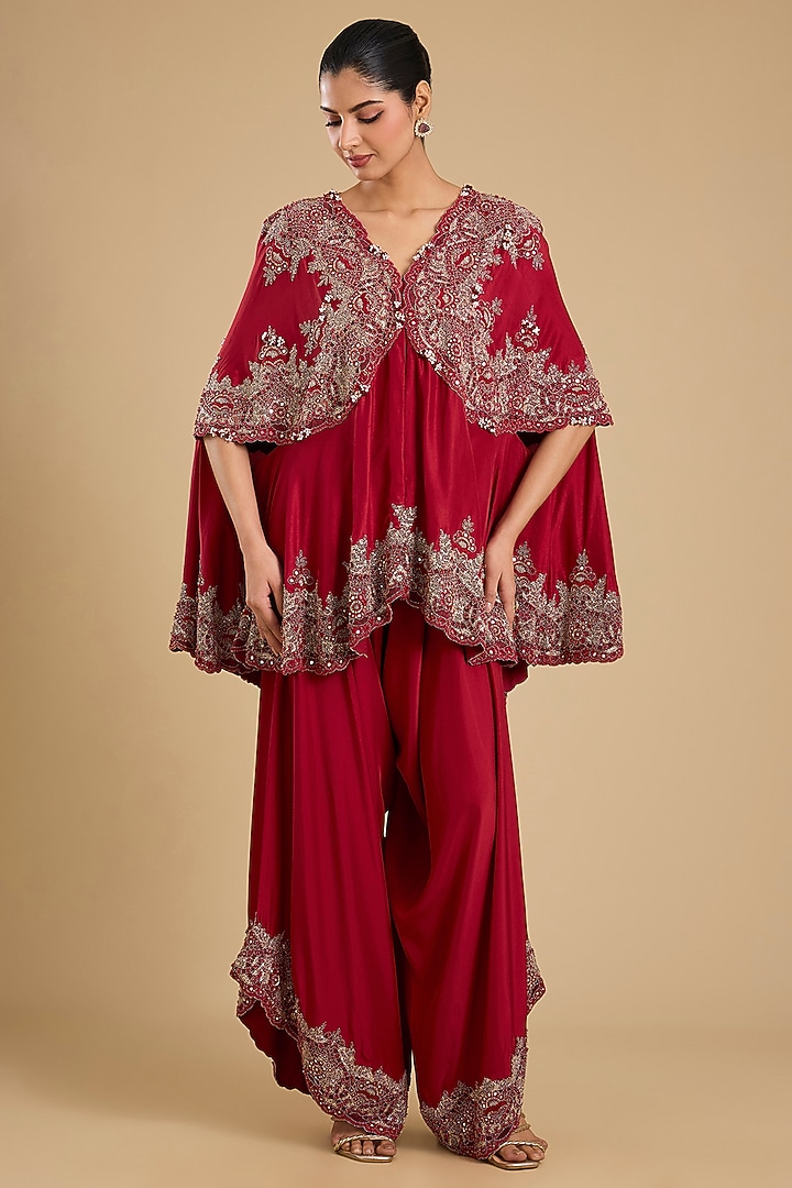 Red Dupion Silk Mirror Work Cape Set by Minaxi Dadoo at Pernia's Pop Up Shop