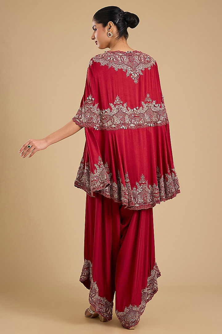 Red Dupion Silk Mirror Work Cape Set by Minaxi Dadoo at Pernia's Pop Up Shop